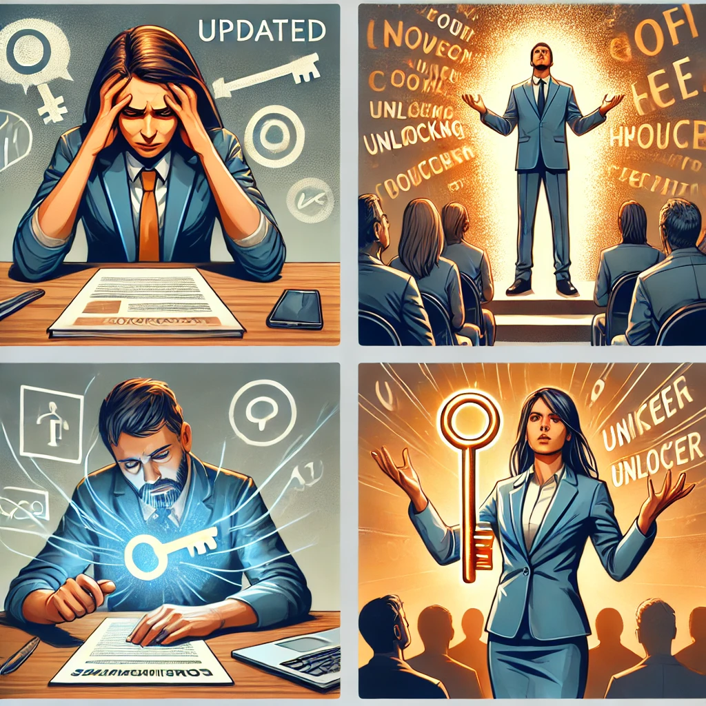 DALL·E 2024-12-16 15.18.04 - A series of conceptual images for a communication coaching landing page. The updated themes are_ 1) A frustrated person trying to express themselves d